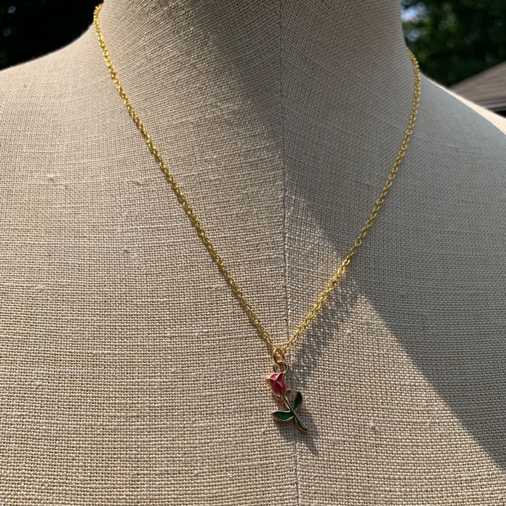 NWT Sterling Silver Plated Chain, Enamel Rose Flower Alloy Charm Neckkace - Picture 3 of 15